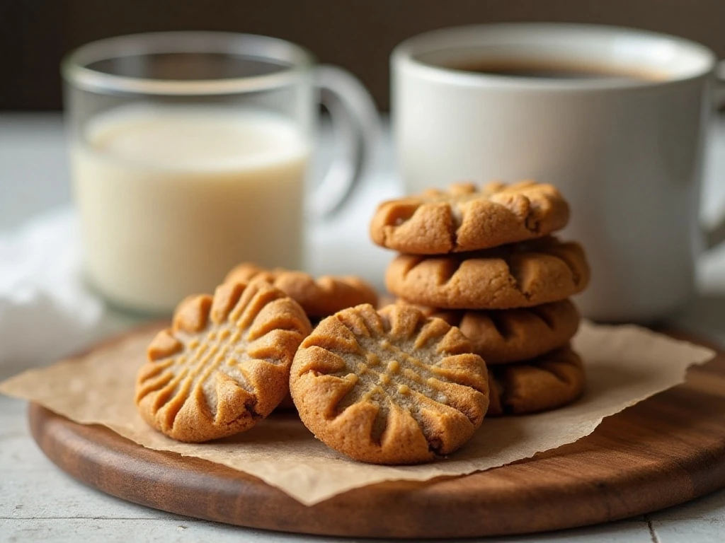 Cooled caramel peanut butter cookies served with milk and coffee