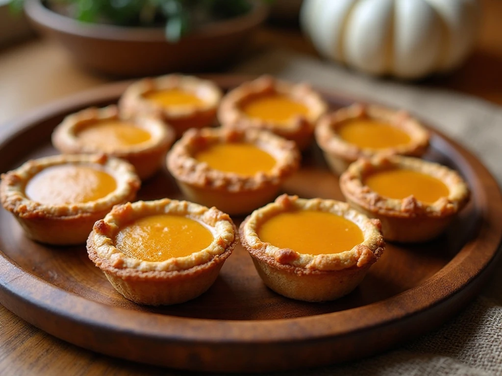 Platter of caramel pumpkin mini pies with golden crusts