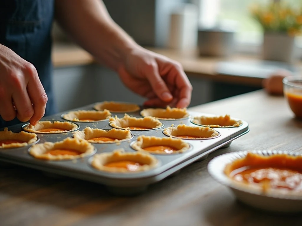 Pie crust rounds fitted into a muffin pan for mini pumpkin pies