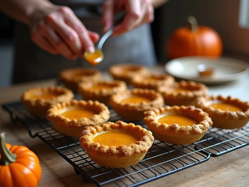 Mini pumpkin pies cooling before caramel is added