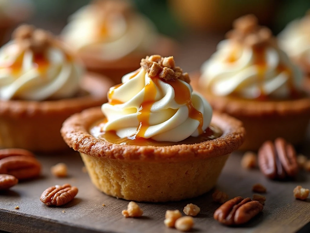 Caramel drizzle, whipped cream, and pecans on a pumpkin mini pie