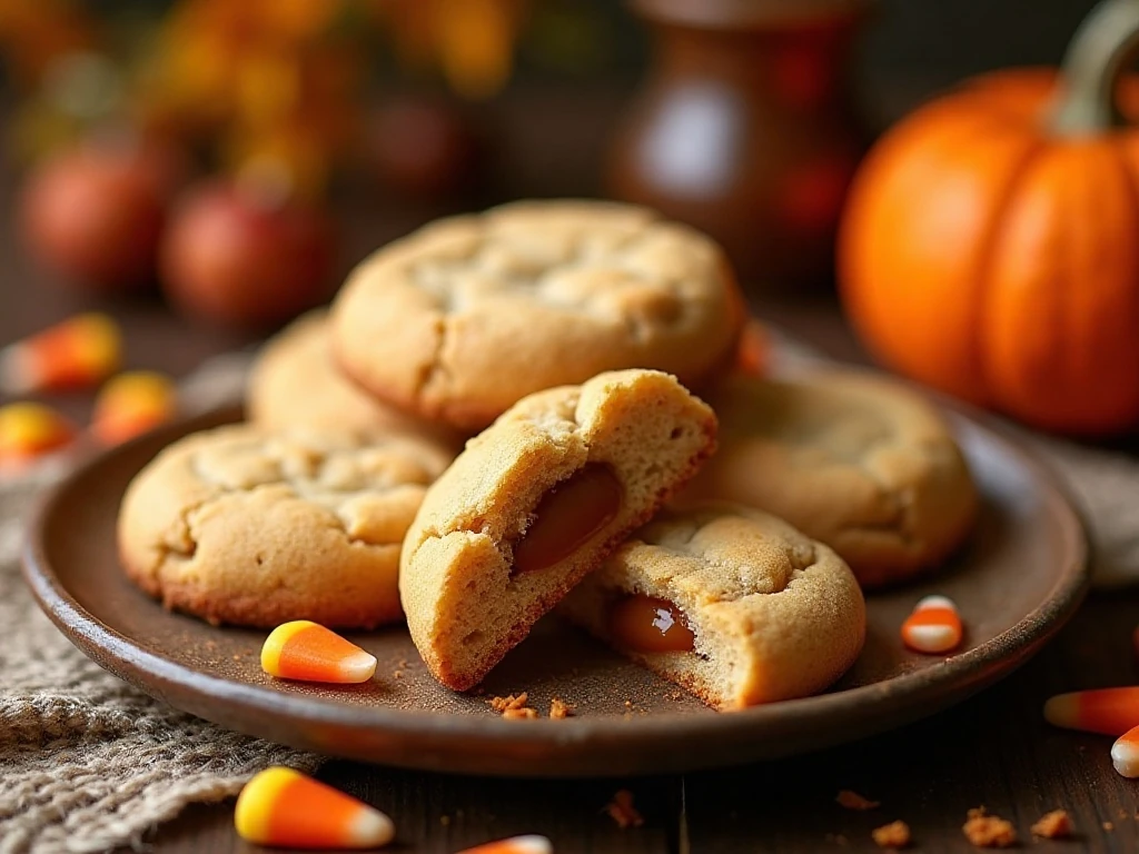 Caramel stuffed candy corn cookies with gooey centers on an autumn dessert plate