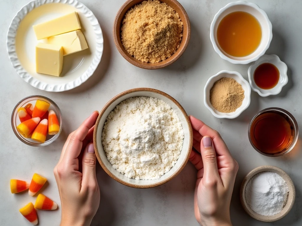 Ingredients for caramel stuffed candy corn cookies