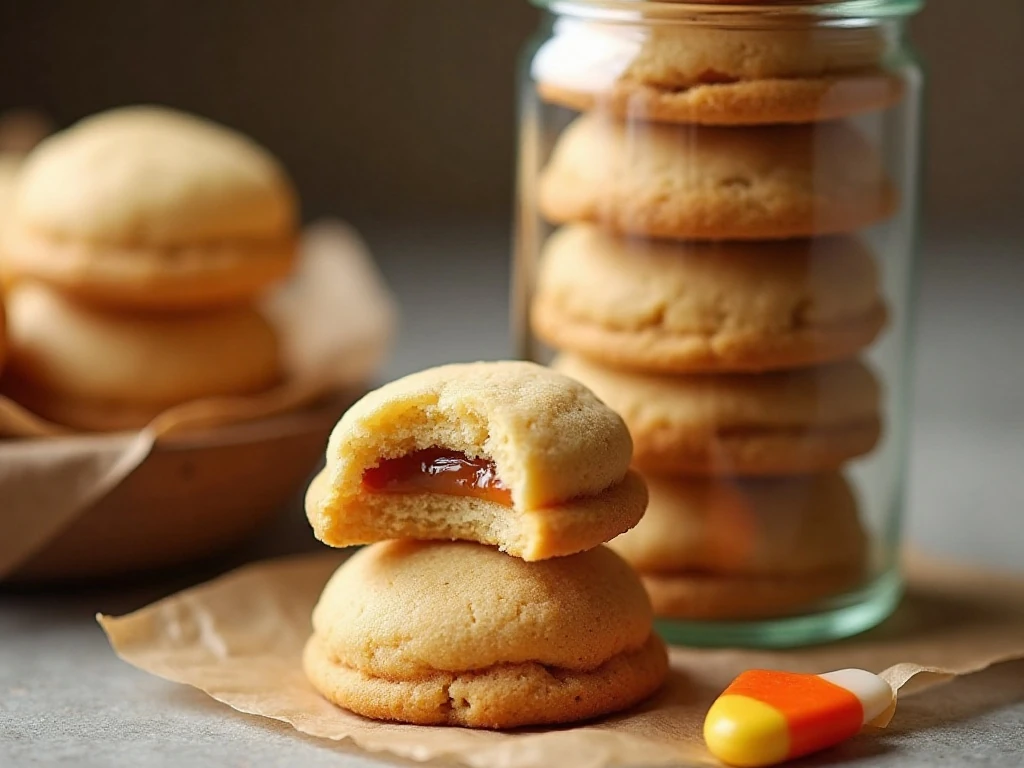 Stored caramel stuffed candy corn cookies with parchment layers