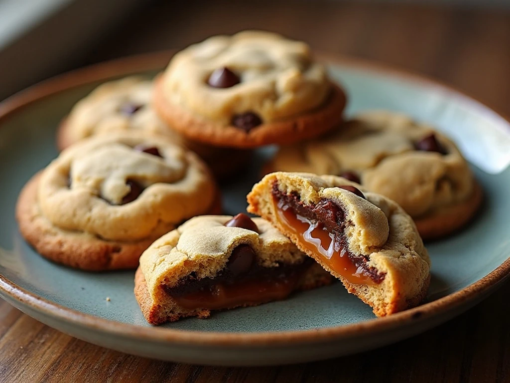 Chocolate chip cookies showing gooey caramel centers