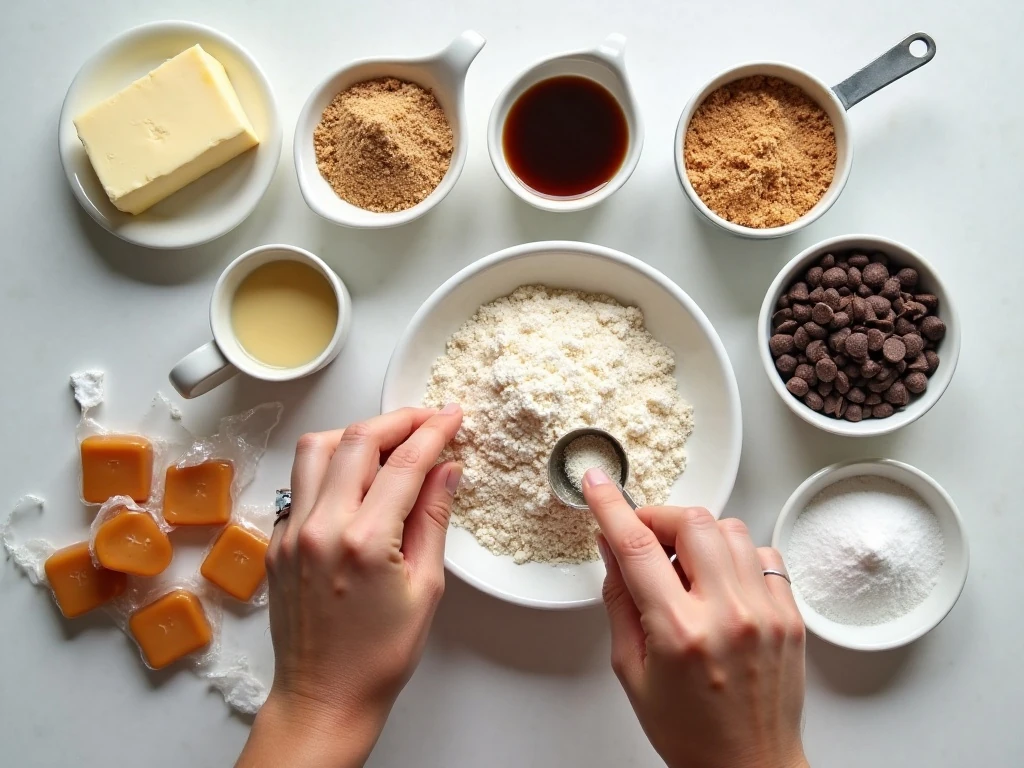 Ingredients for gooey caramel-stuffed chocolate chip cookies