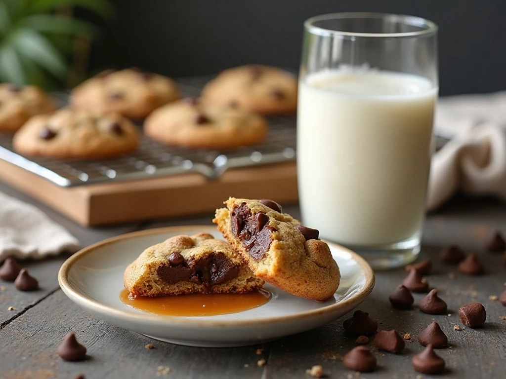 Warm caramel-stuffed cookies served with milk