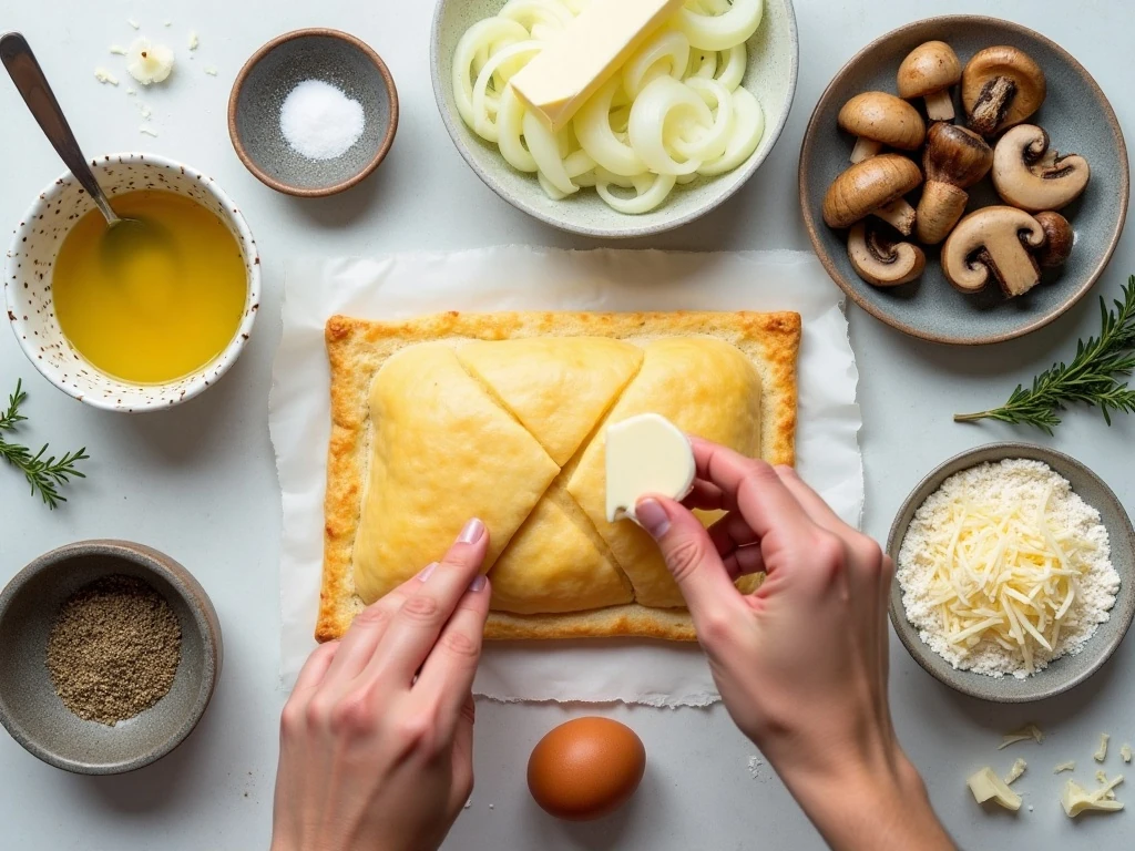 Ingredients for mushroom onion and cheese puff pastry bites