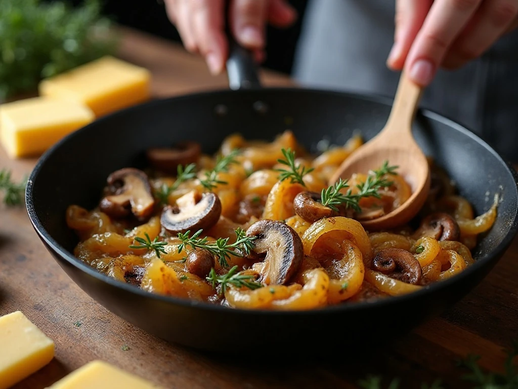 Cooking caramelized onions and mushrooms for pastry bites