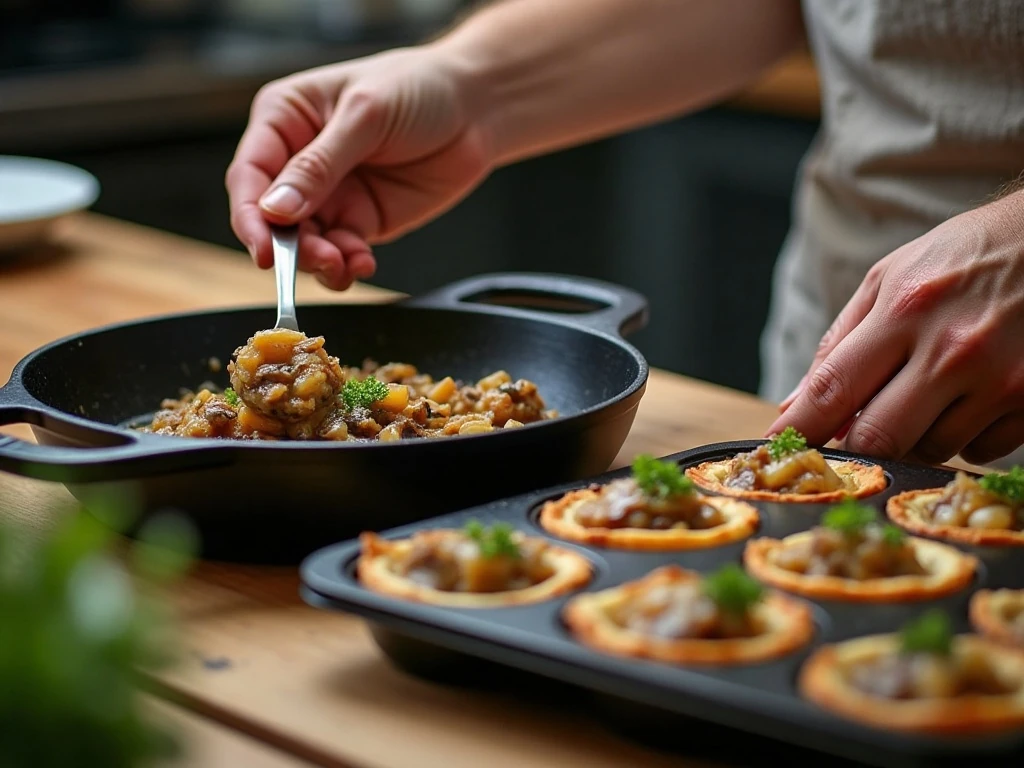 Dry mushroom onion filling prepared for crisp pastry bites