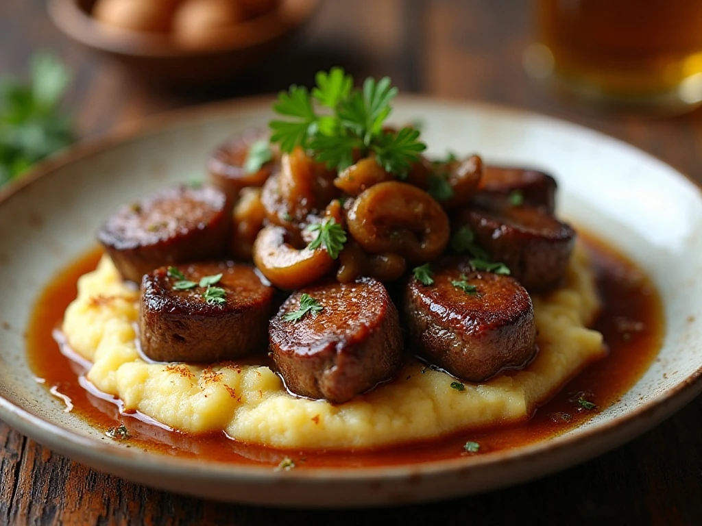 Caramelized sirloin with mushrooms and onions served over mashed potatoes