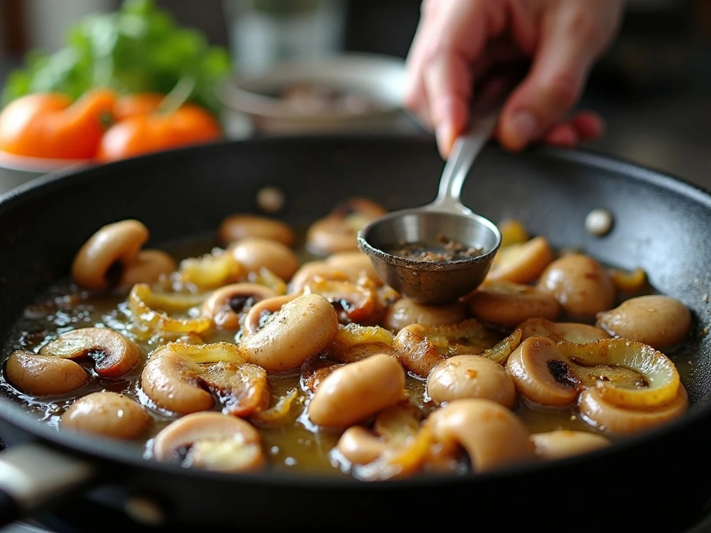 Mushrooms and onions developing deep caramelization in a skillet