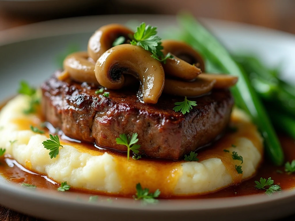 Sirloin and mushrooms served with mashed potatoes and green beans