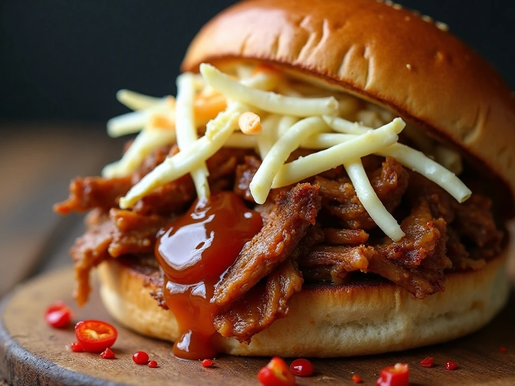 Pulled pork bun topped with coleslaw and Carolina vinegar sauce