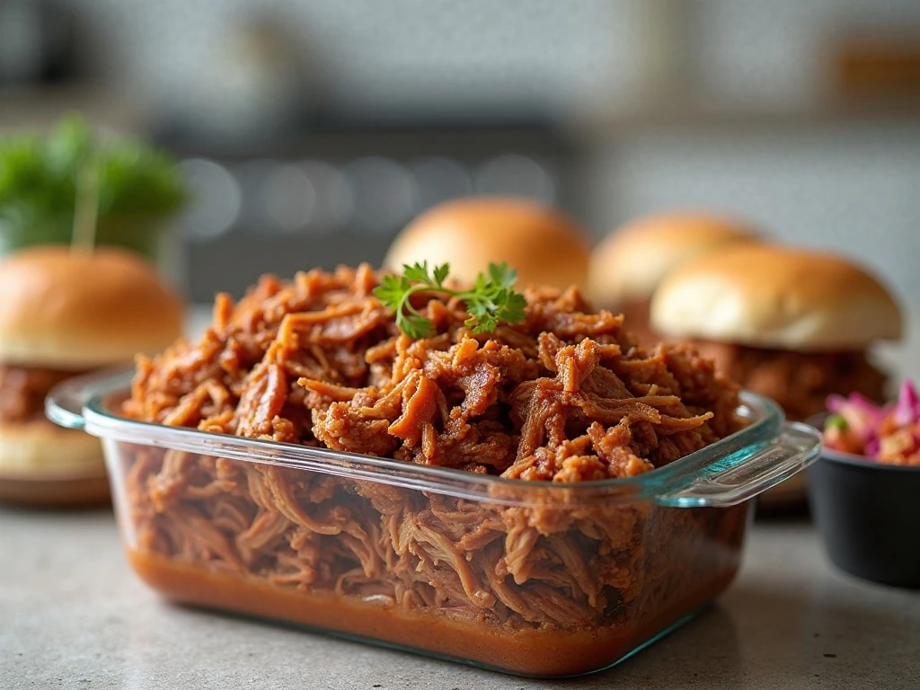 Stored Carolina pulled pork with cooking juices and serving ingredients