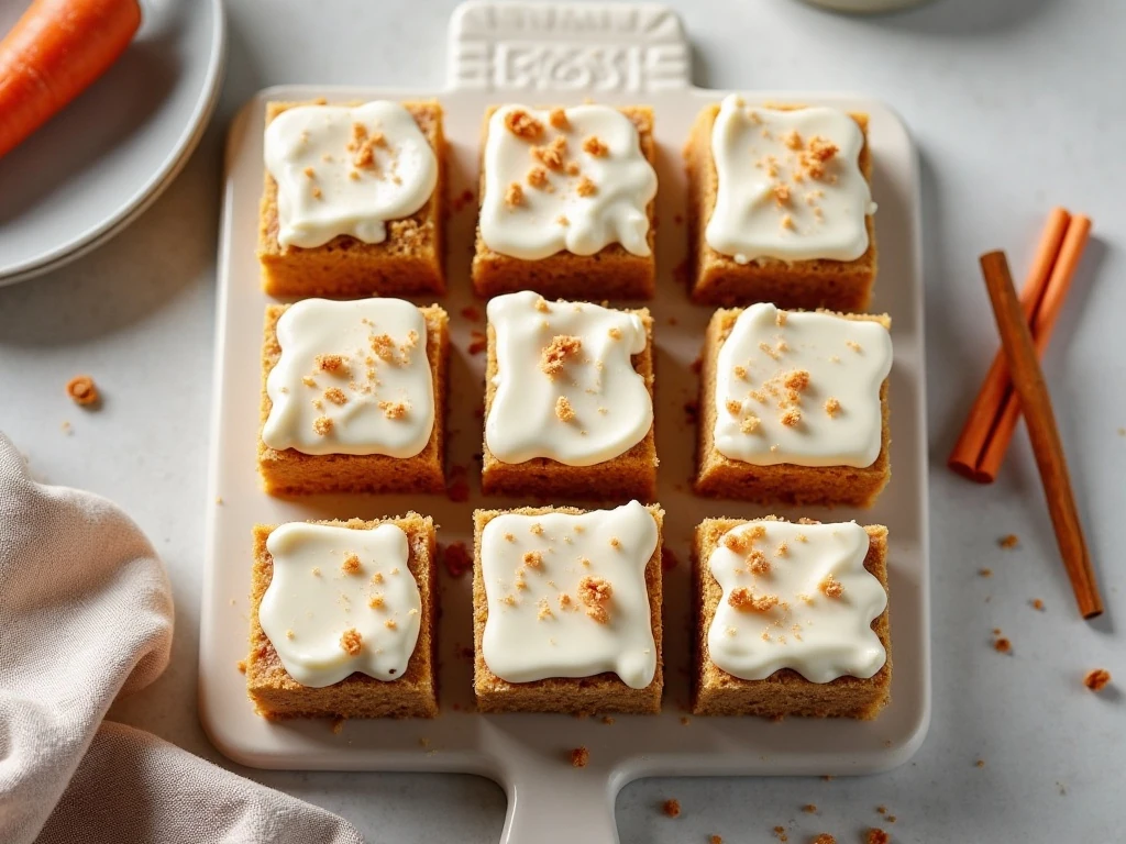 Frosted carrot cake cookie bars arranged on a serving board