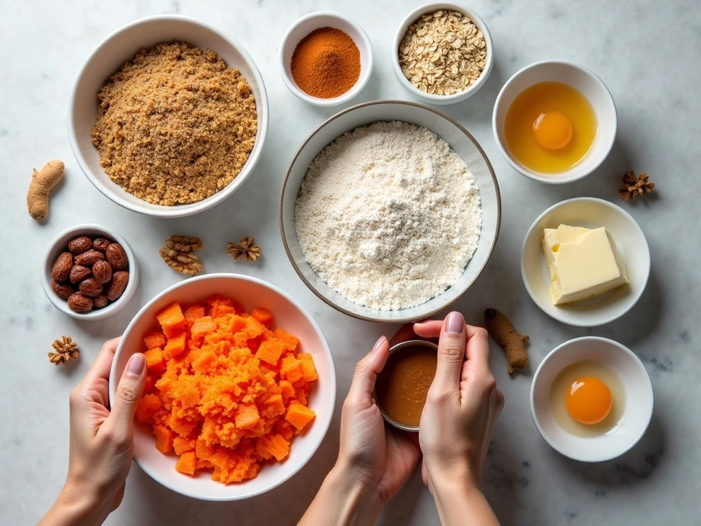 Ingredients for carrot cake cookie bars and cream cheese frosting