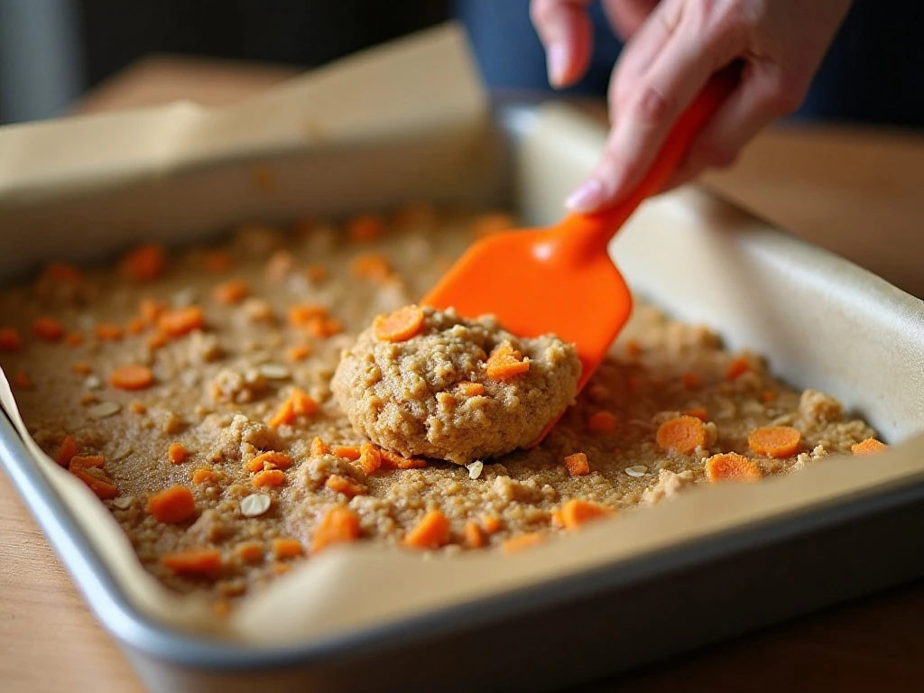 Carrot cake cookie bar dough spread in a parchment-lined baking pan