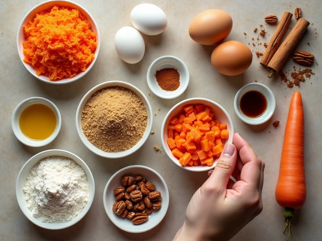 Ingredients for easy carrot cake cupcakes with cream cheese frosting