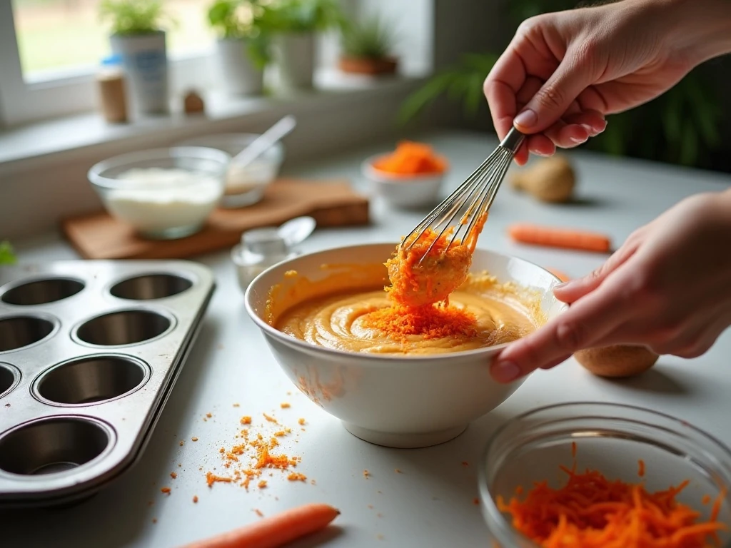 Preparing carrot cake cupcake batter before baking