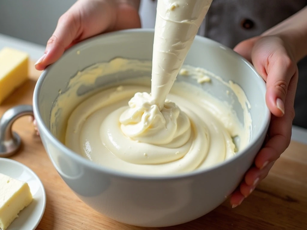 Smooth cream cheese frosting ready for carrot cupcakes