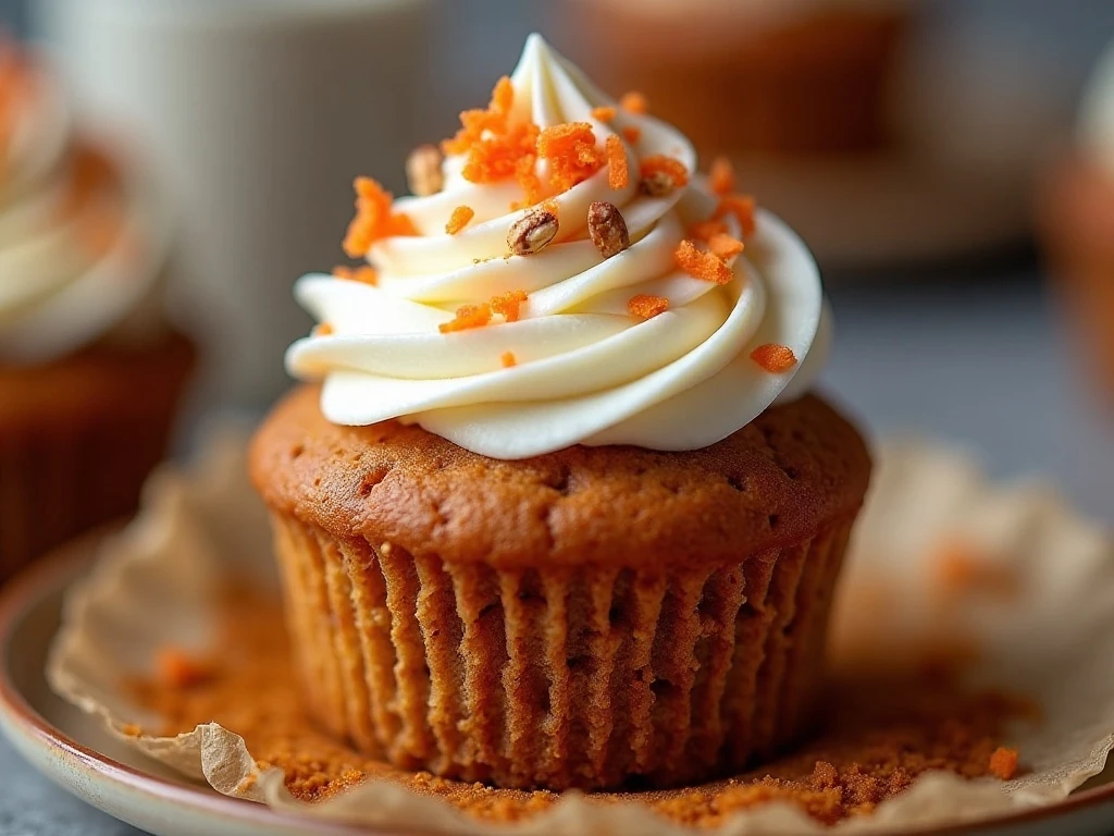 Moist carrot cake cupcake crumb with cream cheese frosting and nut garnish