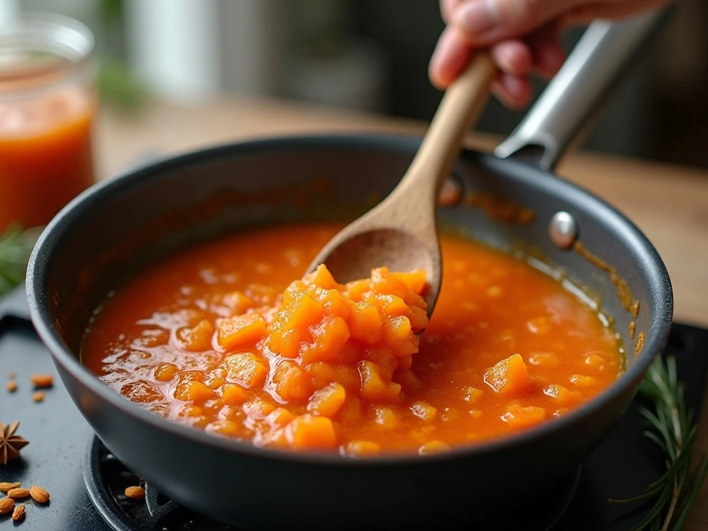 Carrot and pineapple jam simmering in a saucepan