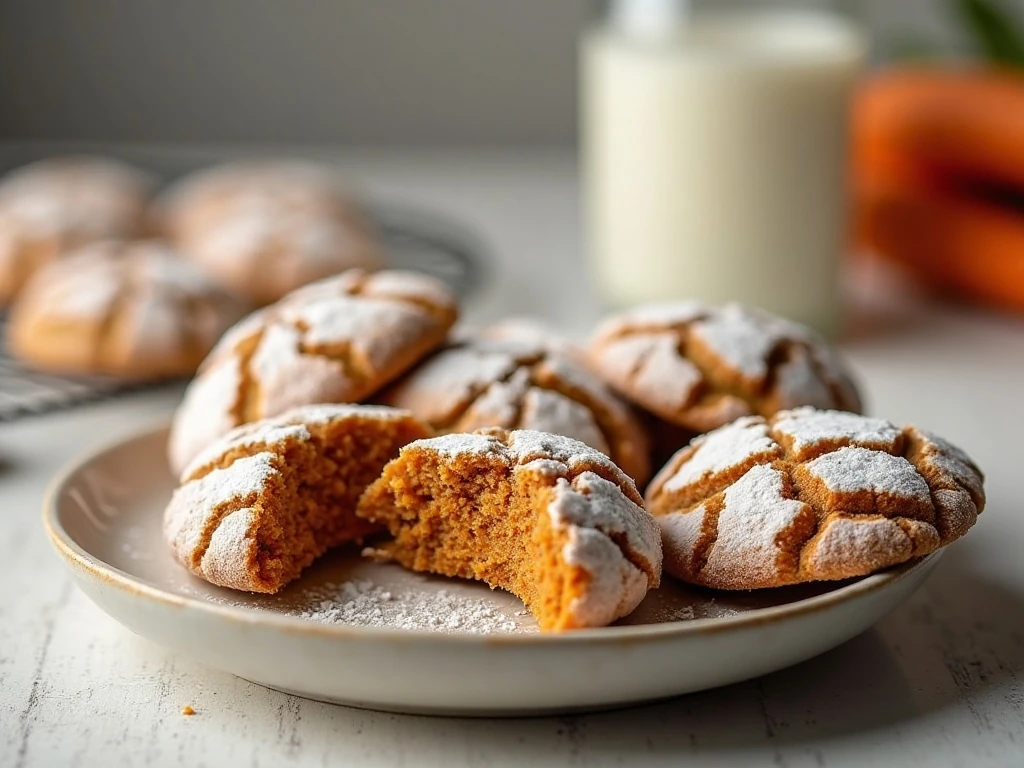Soft carrot cake mix crinkle cookies with snowy powdered sugar coating
