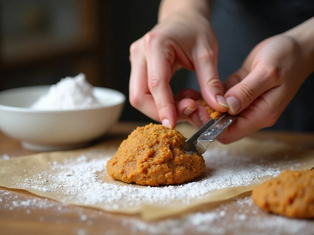 Rolling carrot cake cookie dough in powdered sugar before baking