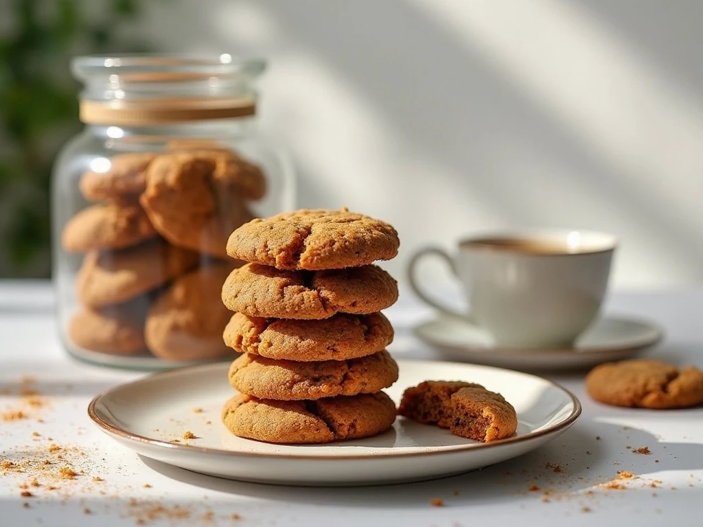 Carrot cake crinkle cookies served with tea and stored in a cookie container