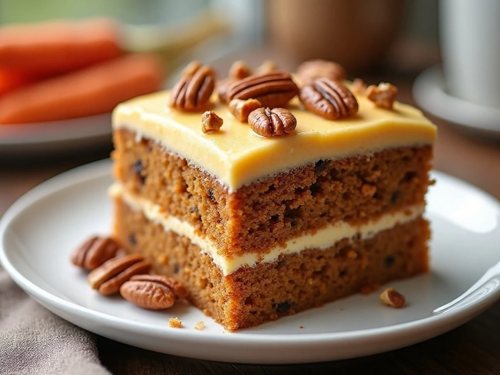 Slice of carrot cake with orange cream cheese frosting