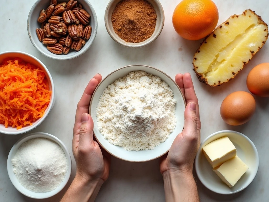 Ingredients for carrot cake with orange cream cheese frosting