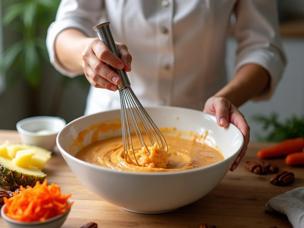 Mixing batter for homemade carrot cake