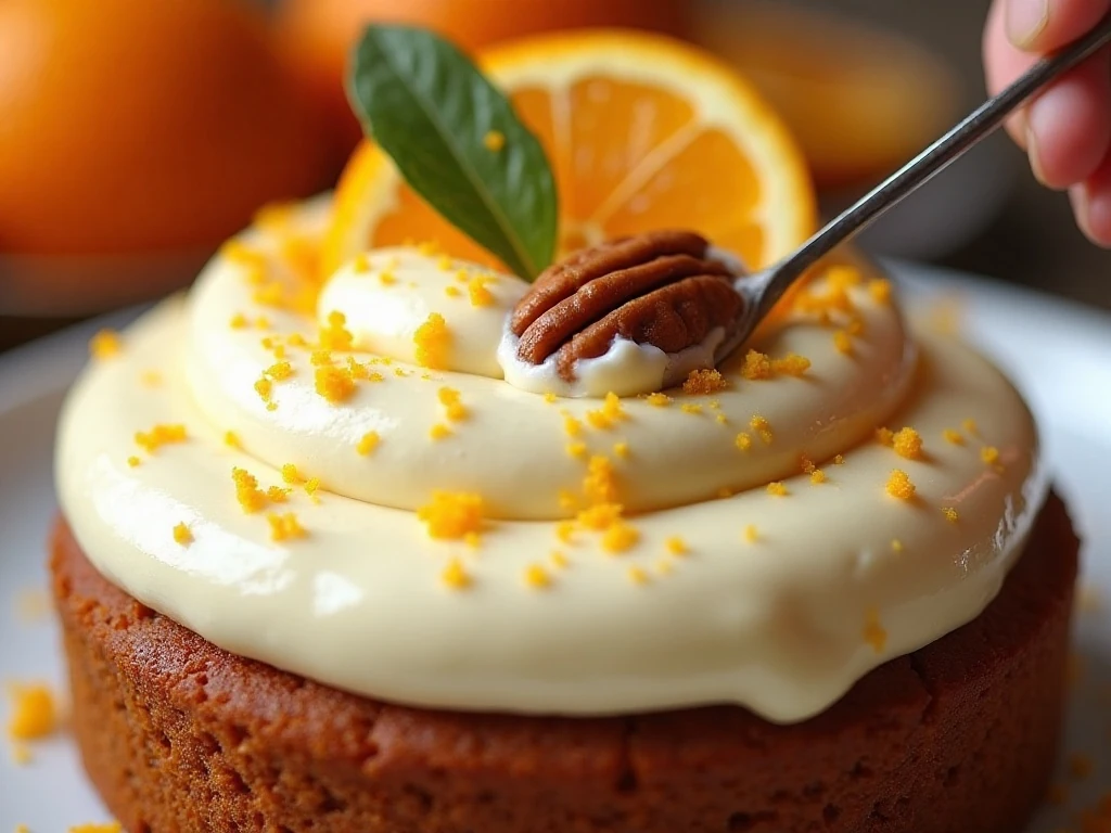 Orange zest and pecan garnish on carrot cake frosting