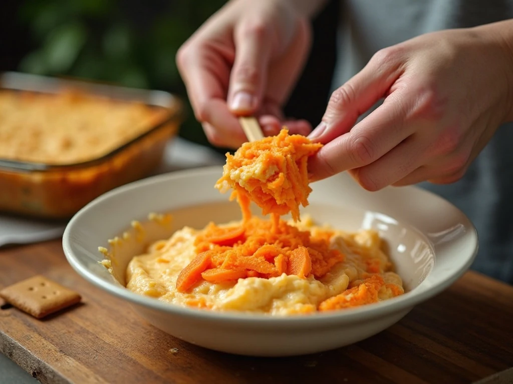 Folding tender carrots into the creamy casserole mixture