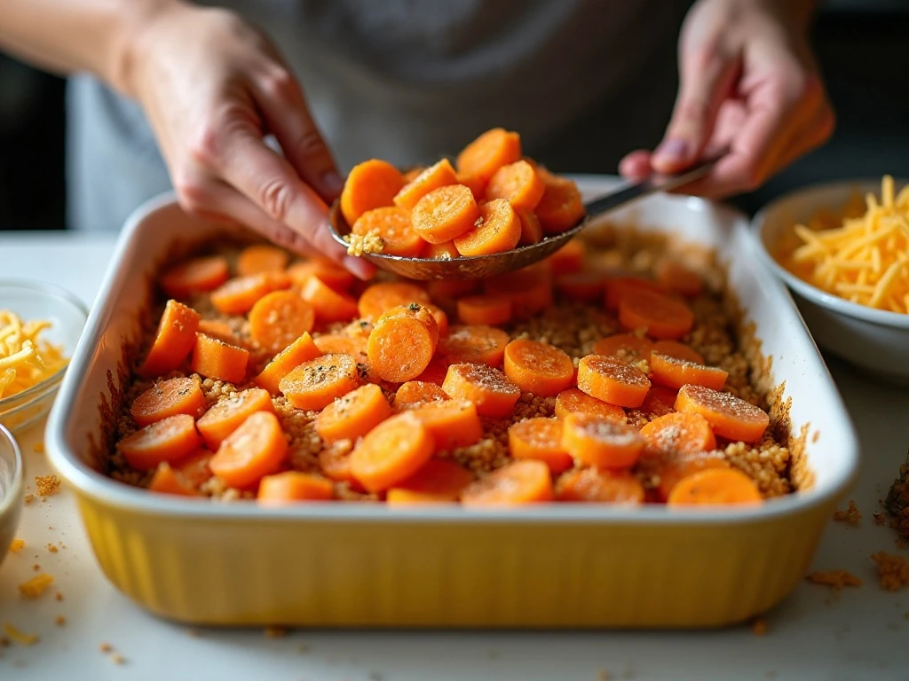 Preparing carrots and cheese mixture for baking