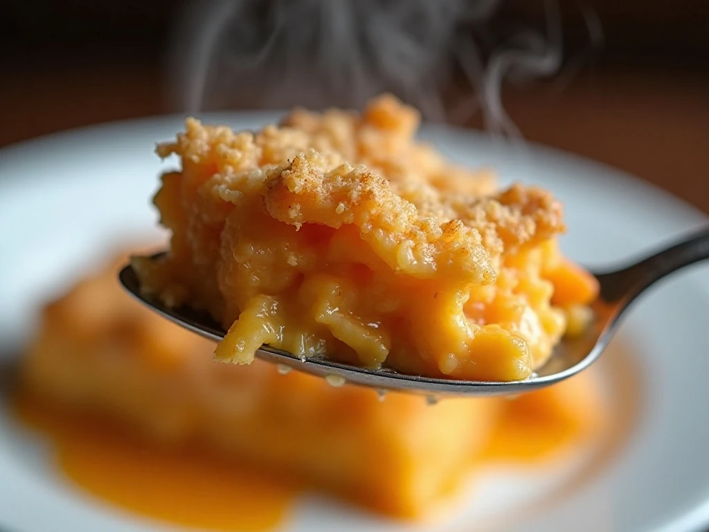 Close-up of creamy carrot casserole with crisp cracker topping