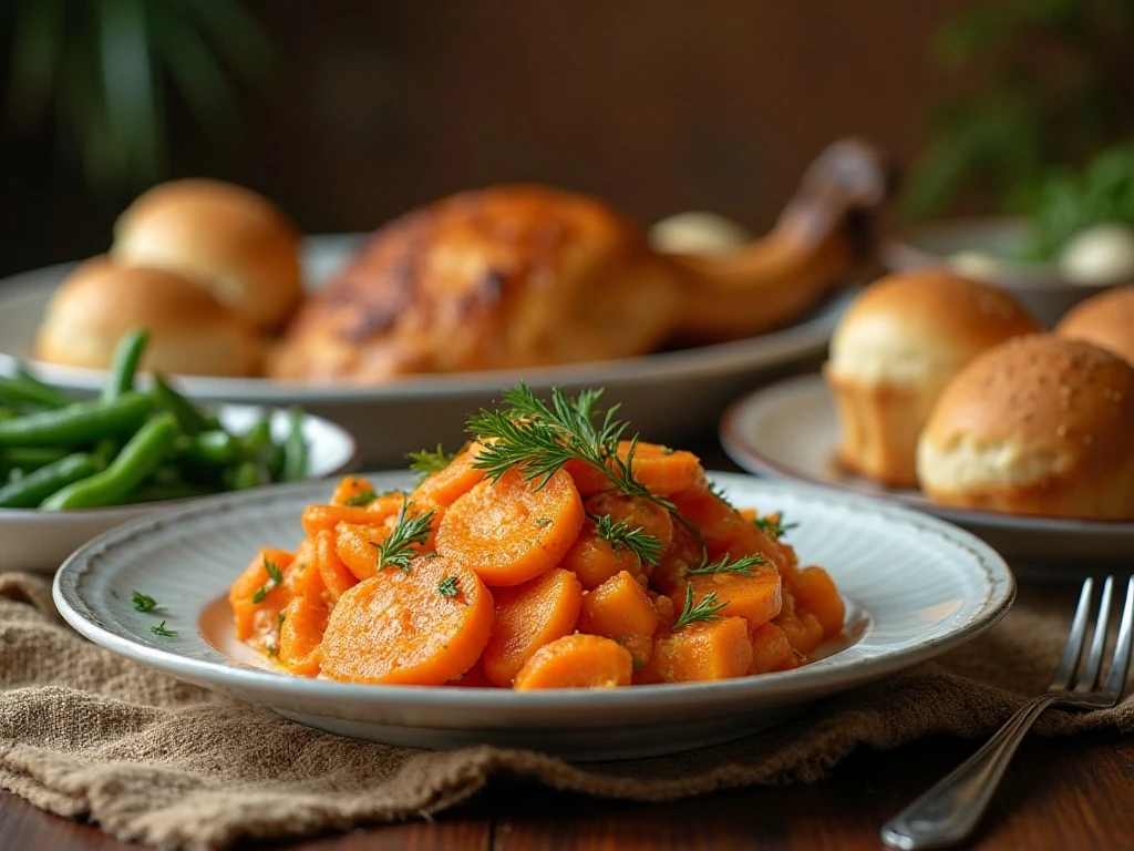 Southern carrot casserole served with a complete family dinner