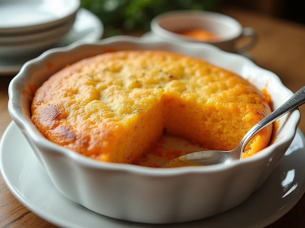 Golden homemade carrot souffle in a baking dish