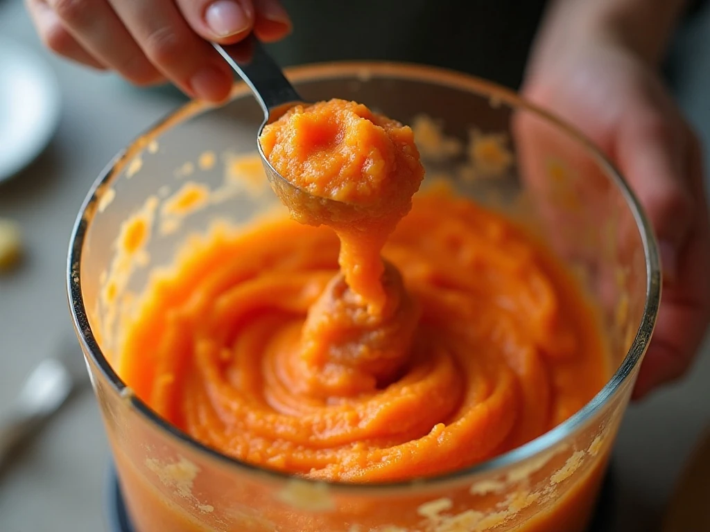 Carrots being blended for a smooth souffle