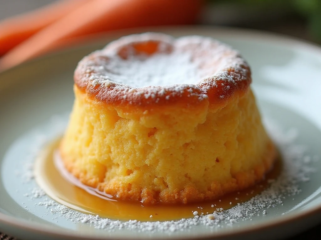Close-up of soft carrot souffle with powdered sugar