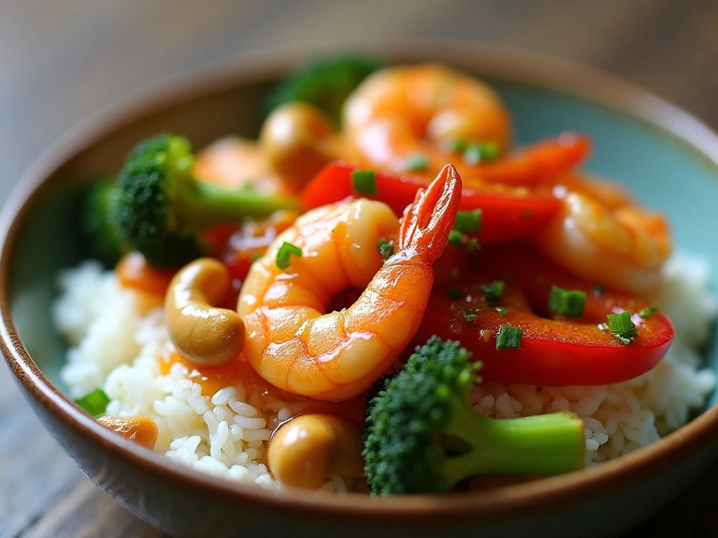 Easy cashew shrimp stir-fry served over white rice with vegetables and roasted cashews