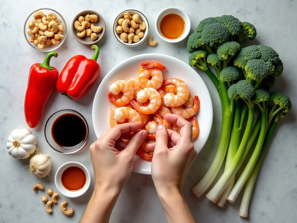 Ingredients for cashew shrimp including shrimp, cashews, vegetables, and soy-based sauce