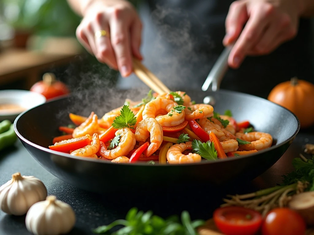 Shrimp and vegetables cooking in a hot skillet for cashew shrimp stir-fry