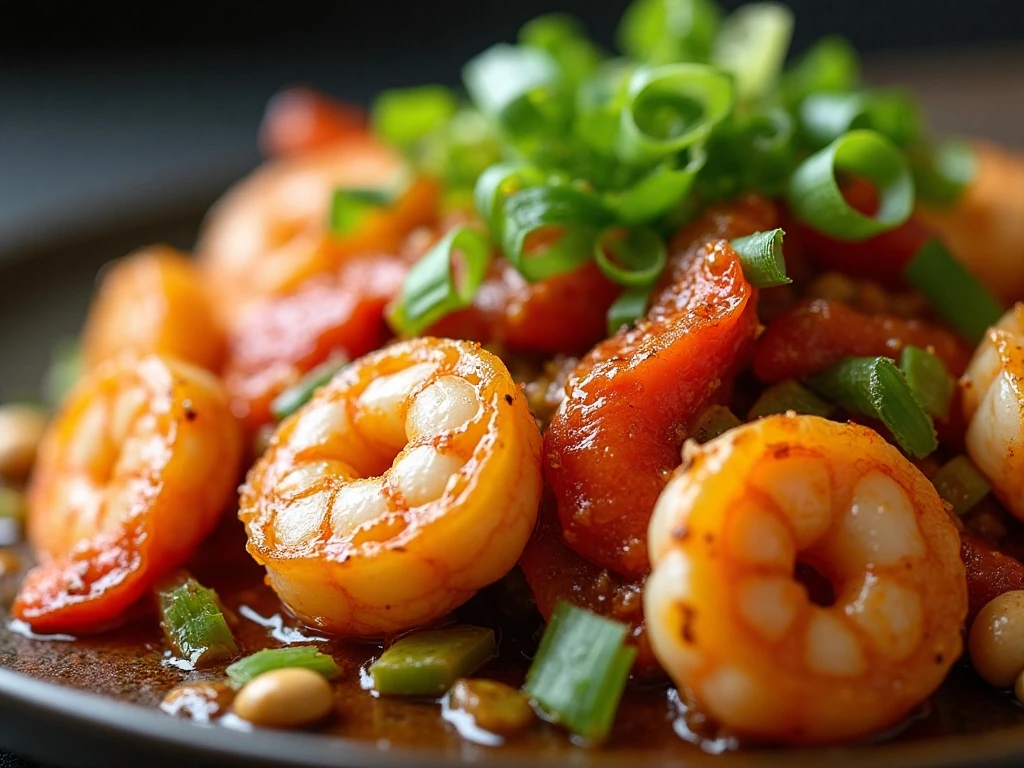 Close-up of tender shrimp, crunchy cashews, green onions, and glossy stir-fry sauce