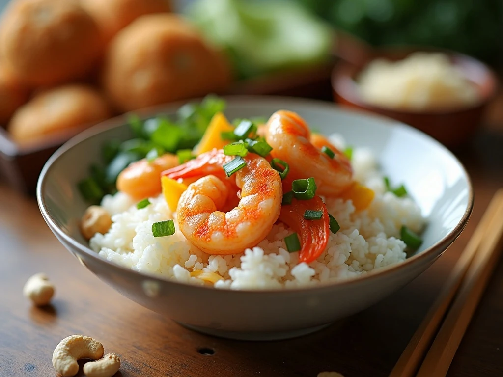 Cashew shrimp served with white rice and colorful stir-fried vegetables