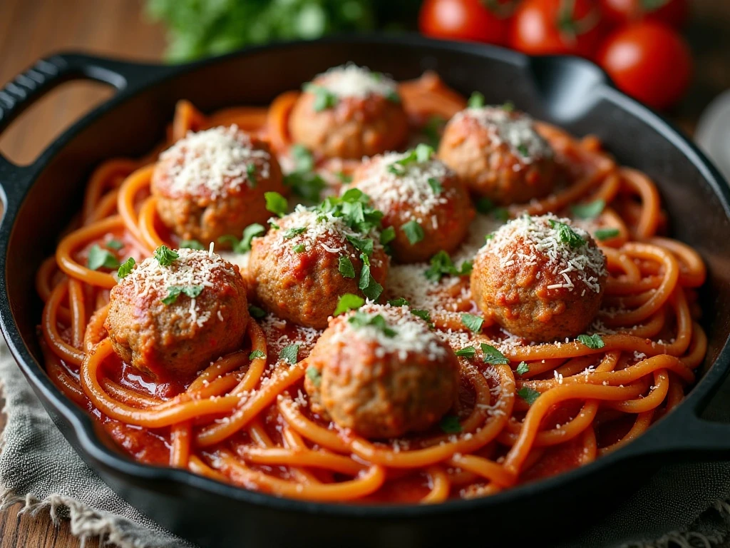 Cast iron baked spaghetti and meatballs with melted cheese