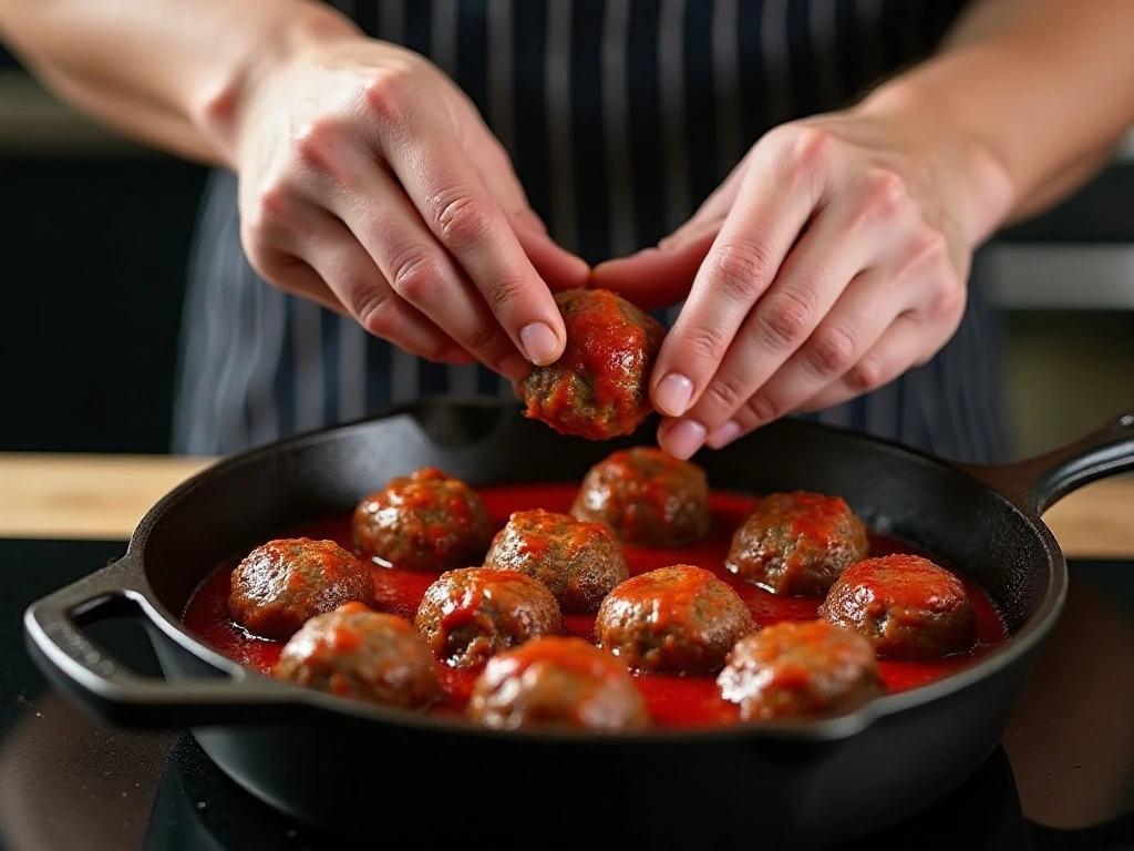 Preparing meatballs for baked spaghetti in a cast iron skillet