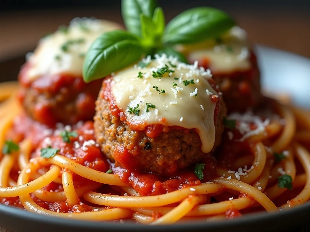 Cheesy baked spaghetti and meatballs garnished with fresh herbs