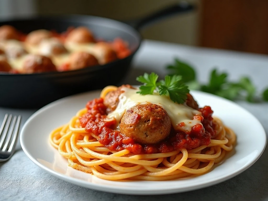 A serving of leftover baked spaghetti and meatballs